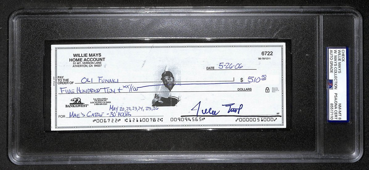 Willie Mays HOF Signed/Auto 2006 Bank Check PSA/DNA NM-MT 8   209072