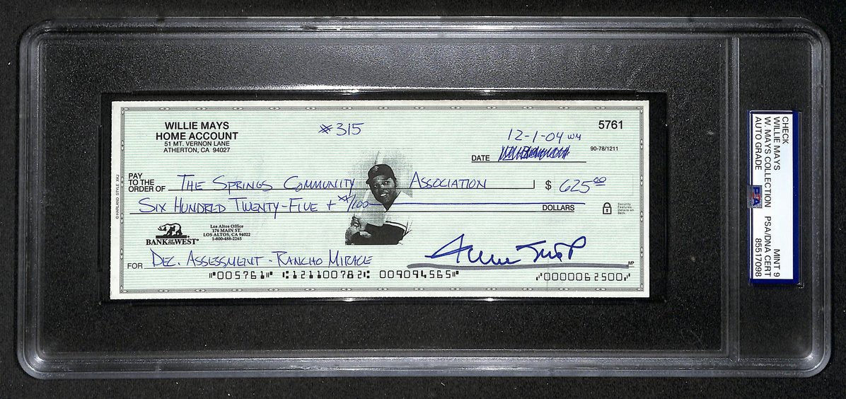 Willie Mays HOF Signed/Auto 2004 Bank Check PSA/DNA MINT 9   209073