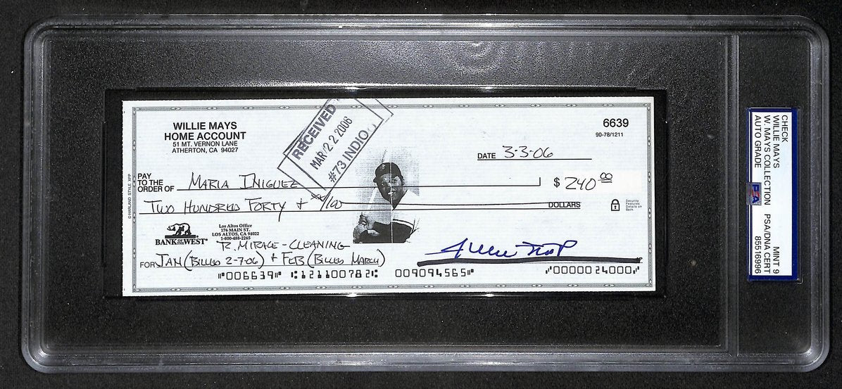 Willie Mays HOF Signed/Auto 2006 Bank Check PSA/DNA MINT 9   209074