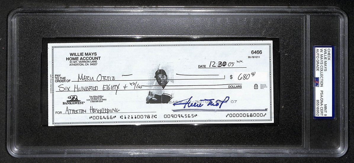 Willie Mays HOF Signed/Auto 2005 Bank Check PSA/DNA MINT 9   209075