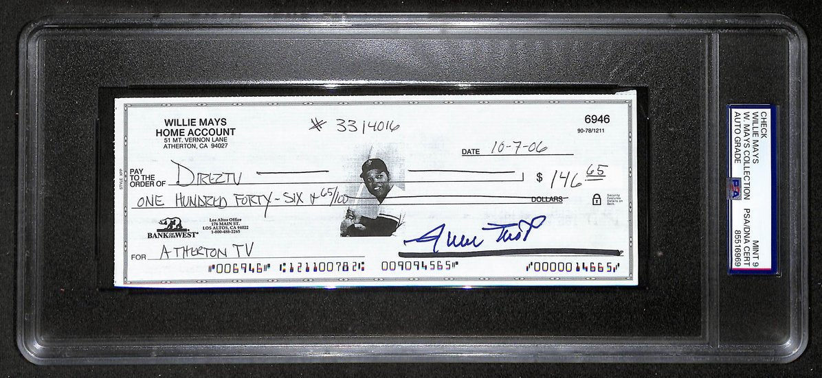 Willie Mays HOF Signed/Auto 2006 Bank Check PSA/DNA MINT 9   209076