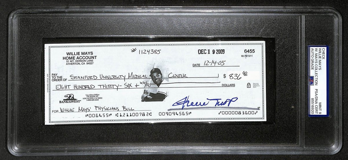 Willie Mays HOF Signed/Auto 2005 Bank Check PSA/DNA MINT 9   209077
