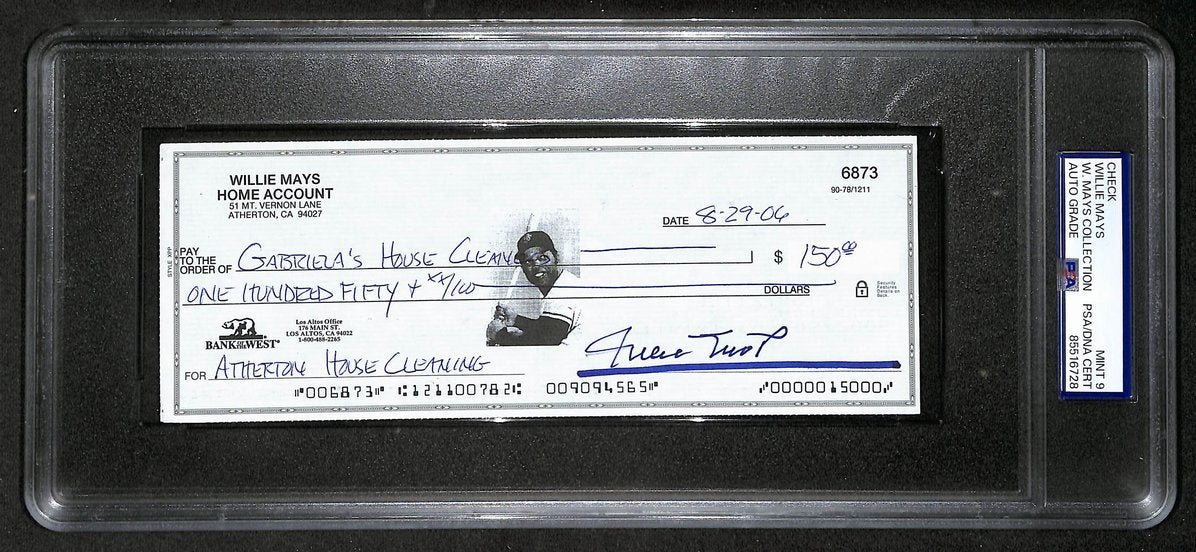 Willie Mays HOF Signed/Auto 2006 Bank Check PSA/DNA MINT 9   209078