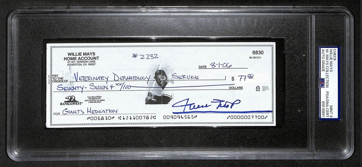 Willie Mays HOF Signed/Auto 2006 Bank Check PSA/DNA MINT 9   211167