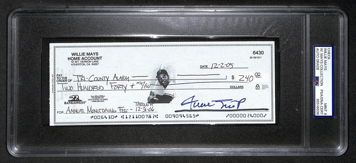 Willie Mays HOF Signed/Auto 2005 Bank Check PSA/DNA MINT 9   211168