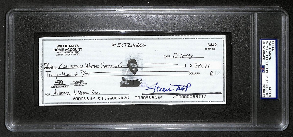 Willie Mays HOF Signed/Auto 2005 Bank Check PSA/DNA MINT 9   211169
