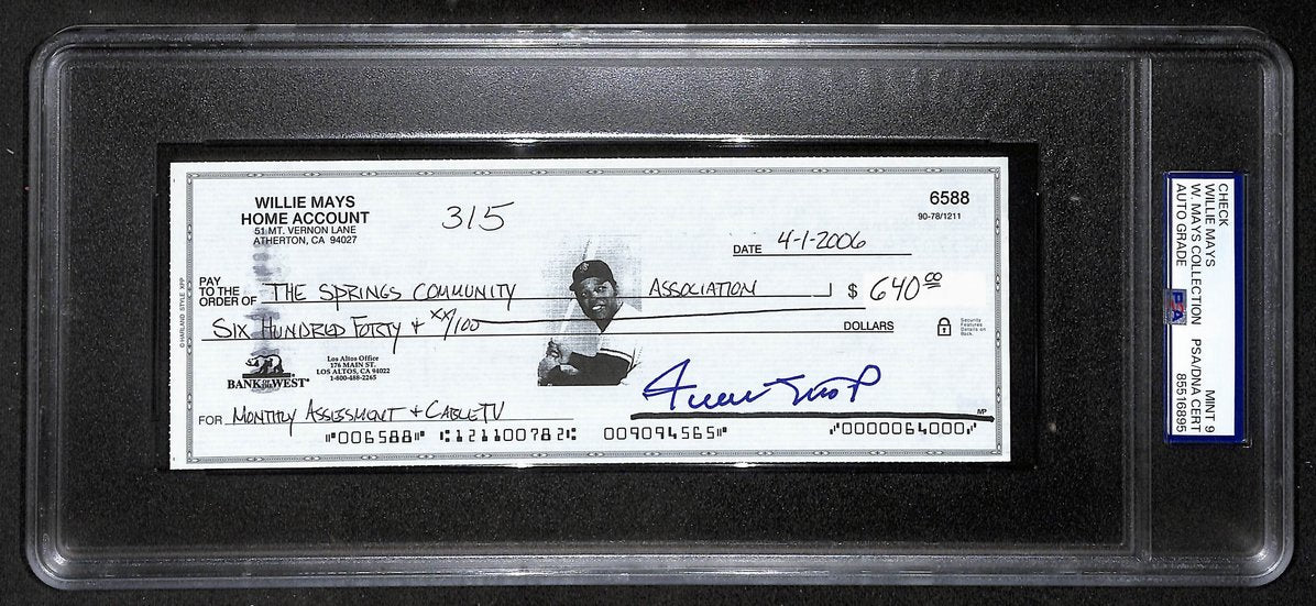 Willie Mays HOF Signed/Auto 2006 Bank Check PSA/DNA MINT 9   211171