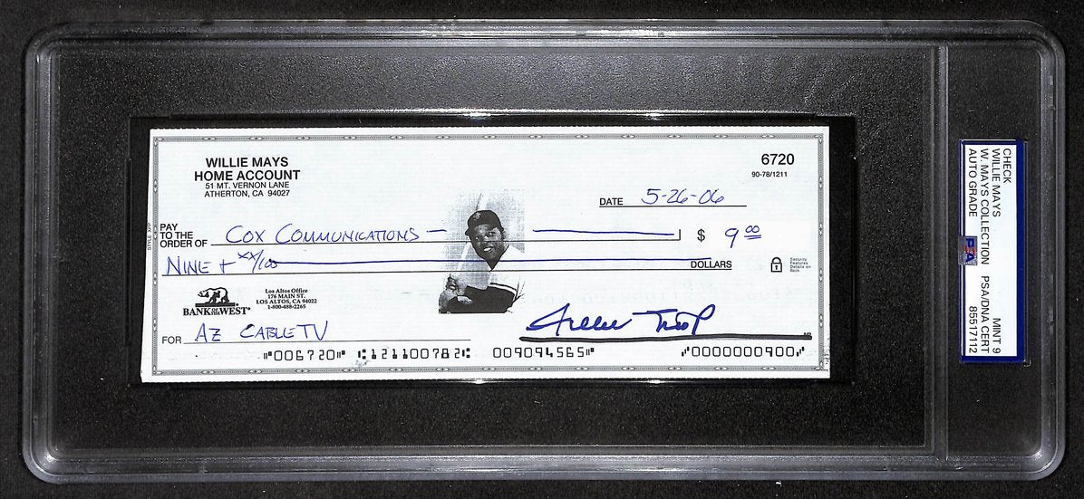 Willie Mays HOF Signed/Auto 2006 Bank Check PSA/DNA MINT 9   211172