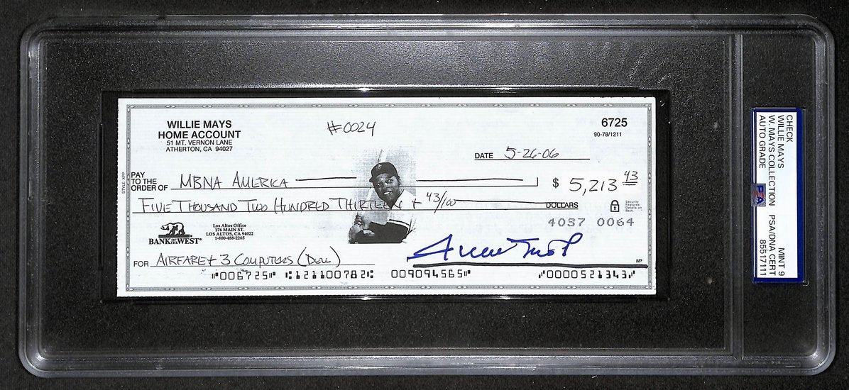 Willie Mays HOF Signed/Auto 2006 Bank Check PSA/DNA MINT 9   211173