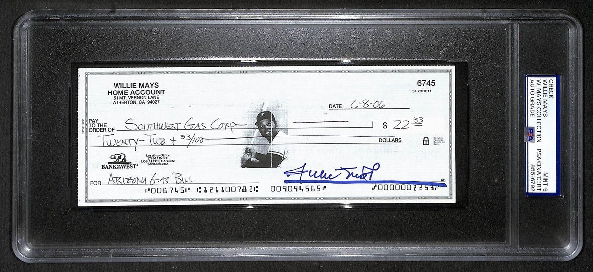 Willie Mays HOF Signed/Auto 2006 Bank Check PSA/DNA MINT 9   211175