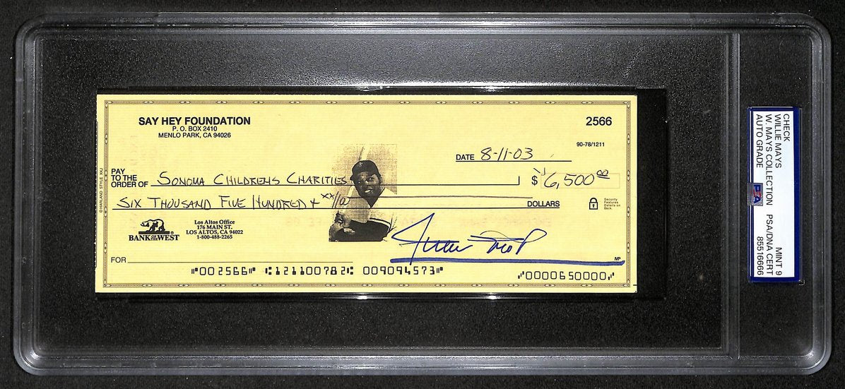 Willie Mays HOF Signed/Auto 2003 Bank Check PSA/DNA MINT 9   211177