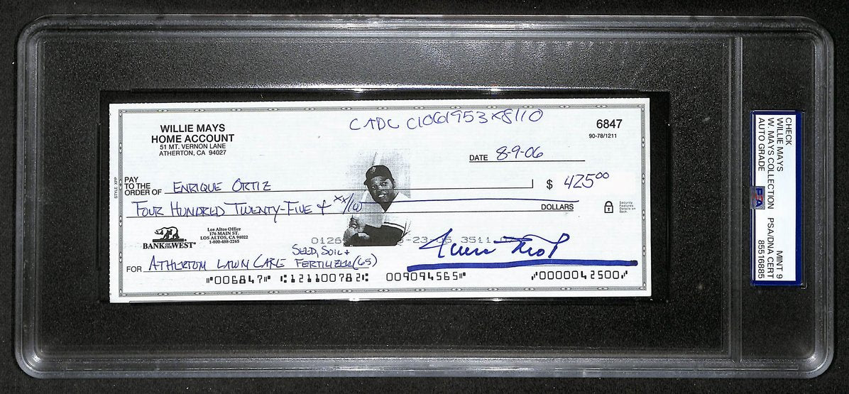 Willie Mays HOF Signed/Auto 2003 Bank Check PSA/DNA MINT 9   211178