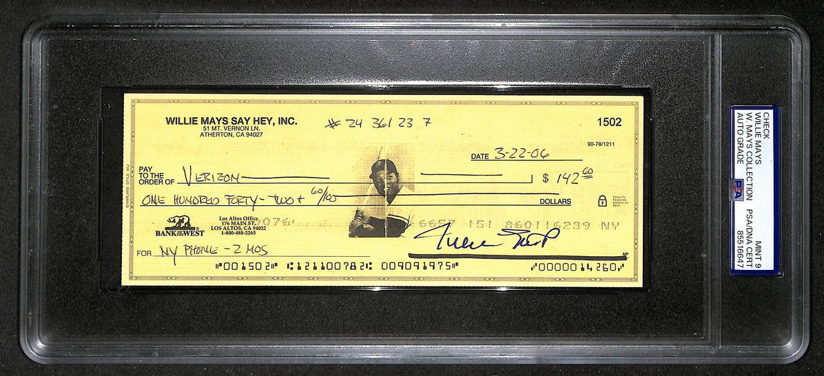 Willie Mays HOF Signed/Auto 2006 Bank Check PSA/DNA MINT 9   211180
