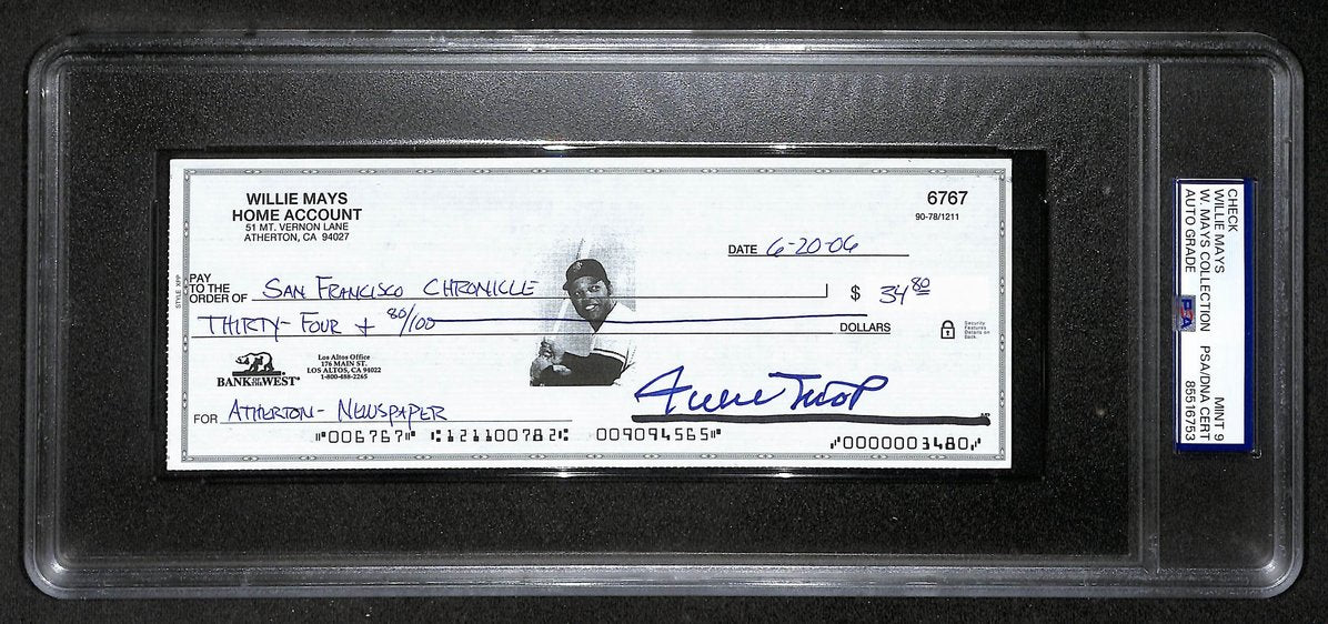 Willie Mays HOF Signed/Auto 2006 Bank Check PSA/DNA MINT 9   211181