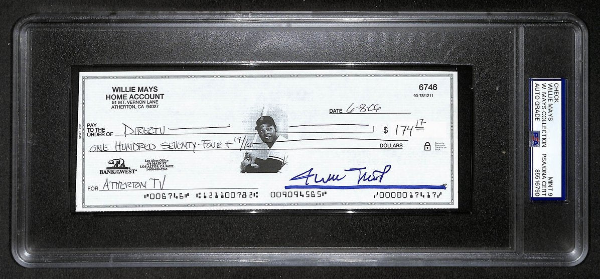 Willie Mays HOF Signed/Auto 2006 Bank Check PSA/DNA MINT 9   211184