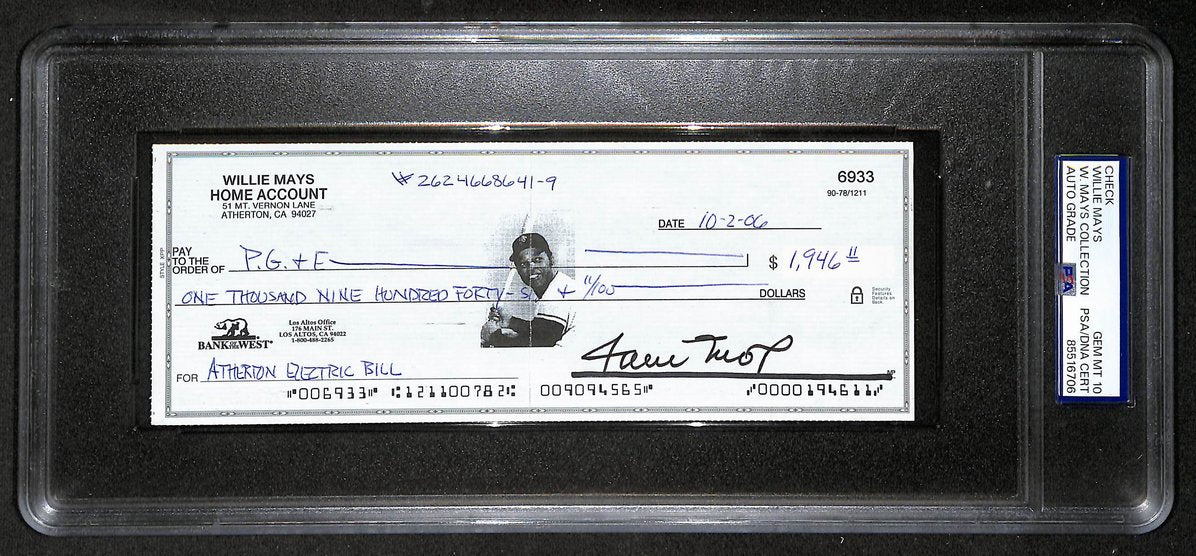 Willie Mays HOF Signed/Auto 2006 Bank Check PSA/DNA GEM MT 10   211185