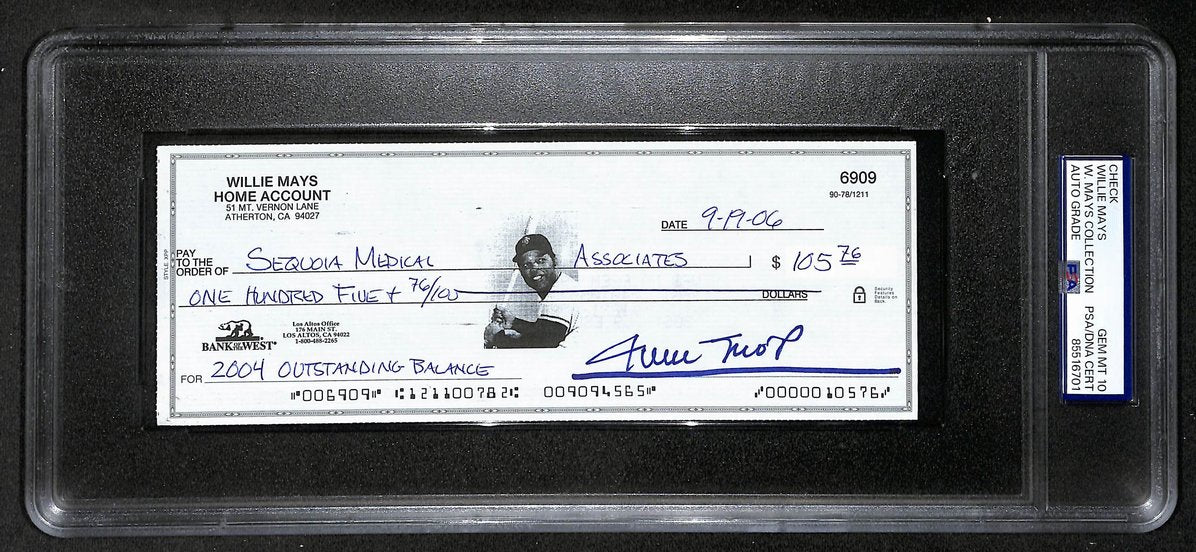 Willie Mays HOF Signed/Auto 2006 Bank Check PSA/DNA GEM MT 10   211187