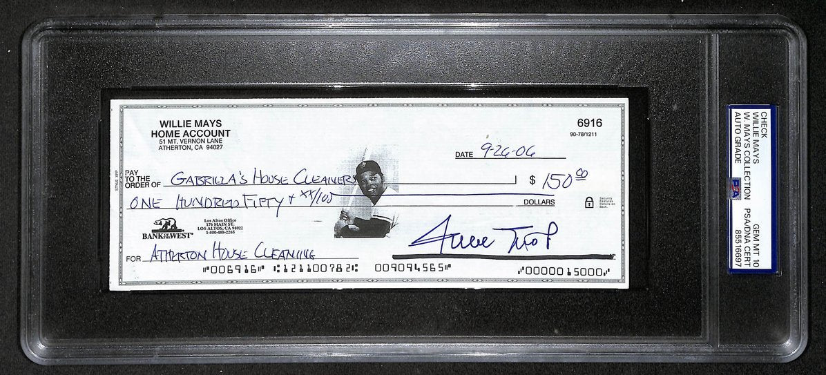 Willie Mays HOF Signed/Auto 2006 Bank Check PSA/DNA GEM MT 10   211188