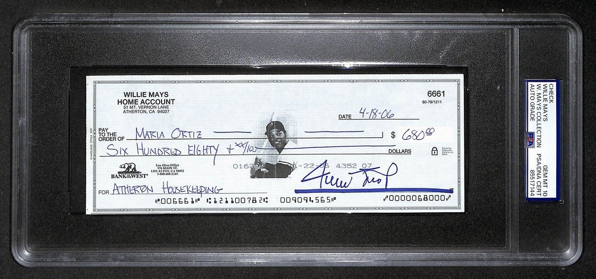Willie Mays HOF Signed/Auto 2006 Bank Check PSA/DNA GEM MT 10   211189