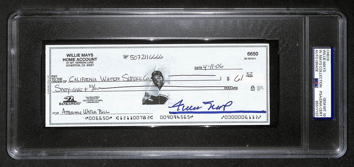 Willie Mays HOF Signed/Auto 2006 Bank Check PSA/DNA GEM MT 10   211192