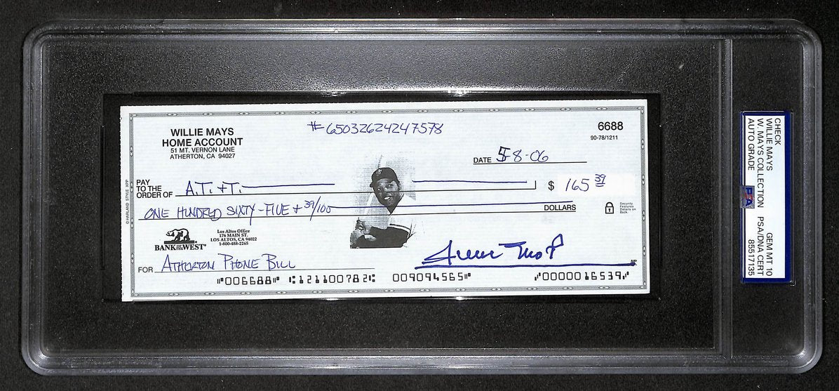 Willie Mays HOF Signed/Auto 2006 Bank Check PSA/DNA GEM MT 10   211193
