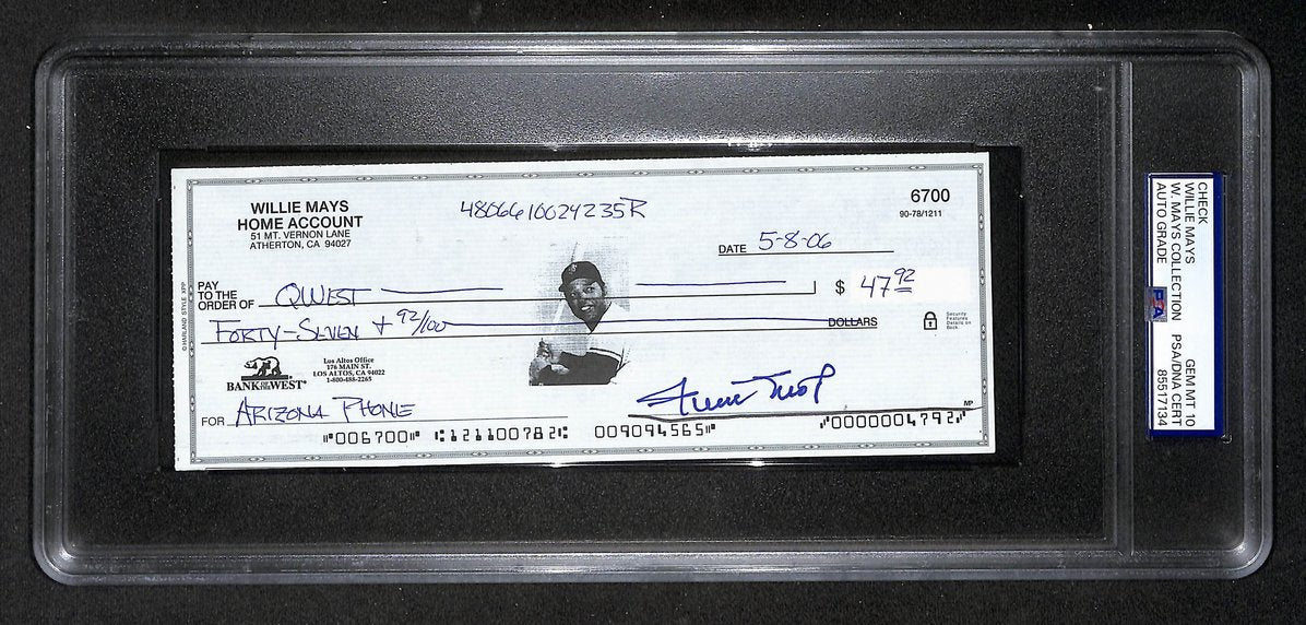 Willie Mays HOF Signed/Auto 2006 Bank Check PSA/DNA GEM MT 10   211194