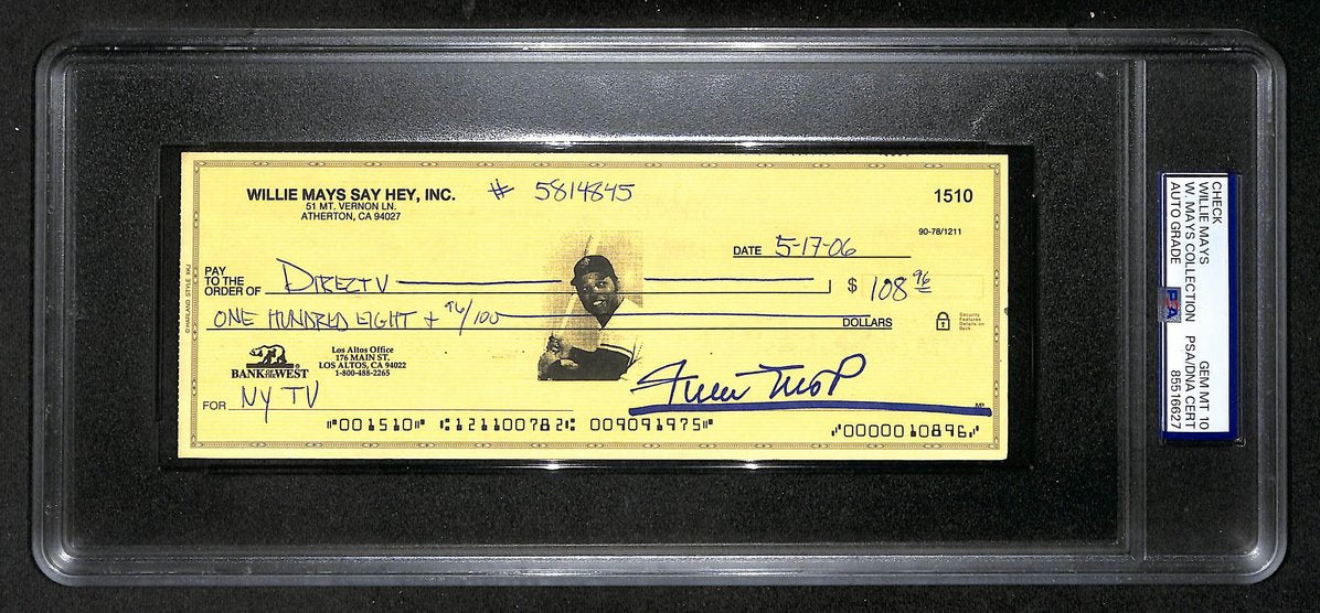 Willie Mays HOF Signed/Auto 2006 Bank Check PSA/DNA GEM MT 10   211195
