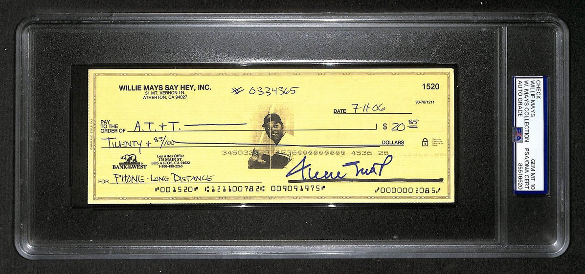 Willie Mays HOF Signed/Auto 2006 Bank Check PSA/DNA GEM MT 10   211196