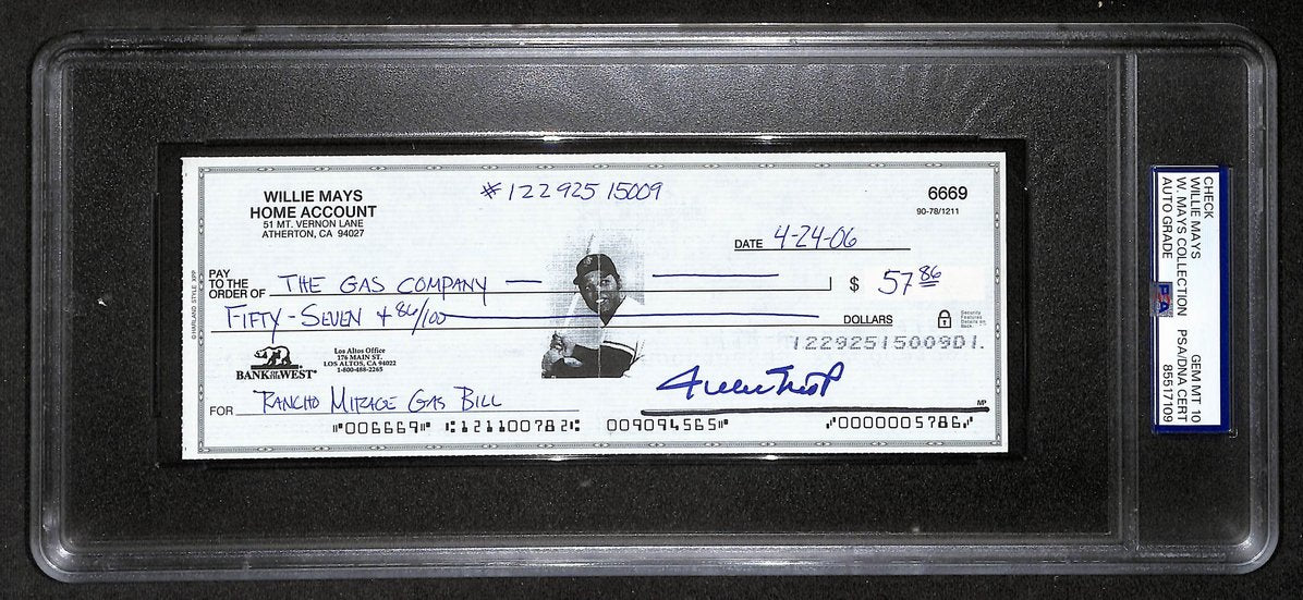 Willie Mays HOF Signed/Auto 2006 Bank Check PSA/DNA GEM MT 10   211200