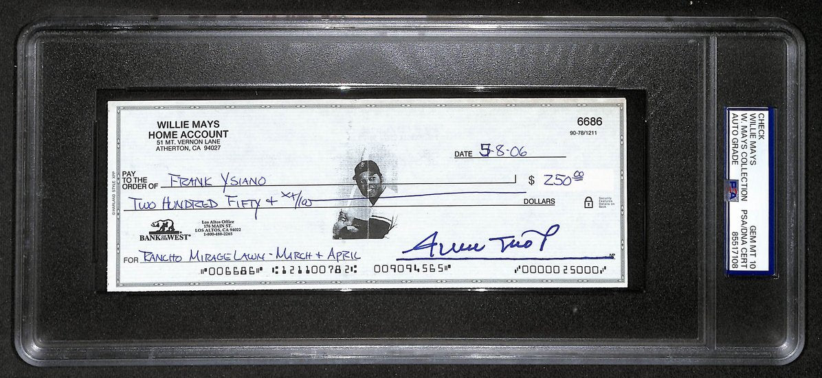 Willie Mays HOF Signed/Auto 2006 Bank Check PSA/DNA GEM MT 10   211201