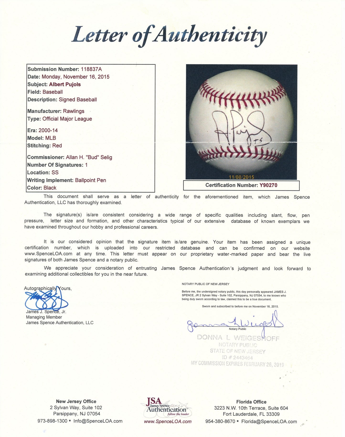 Albert Pujols Signed/Auto OML Baseball St. Louis Cardinals JSA   210212