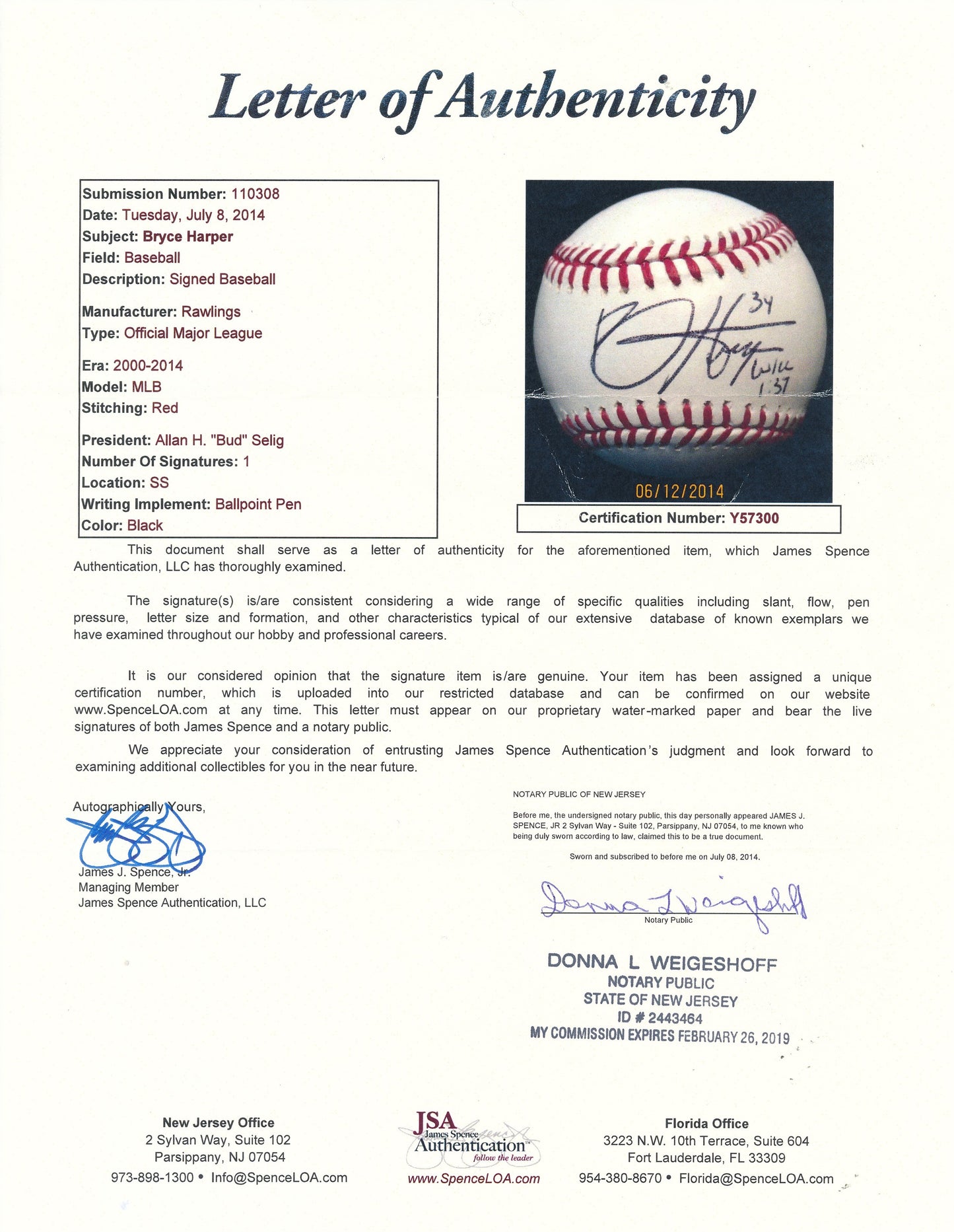 Bryce Harper Signed/Autographed OML Baseball Philadelphia Phillies JSA   210217