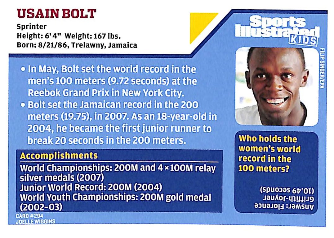 2008 Sports Illustrated for Kids Eli Manning w/ Cards Usain Bolt RC 211208