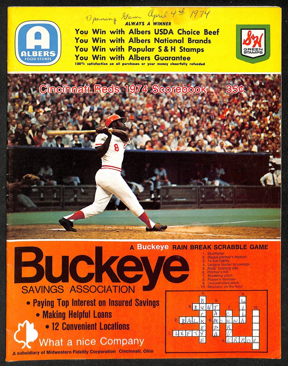 4/4/1974 Cincinnati vs. Atlanta MLB Game Program Scored Aaron ties Ruth 714 HRs