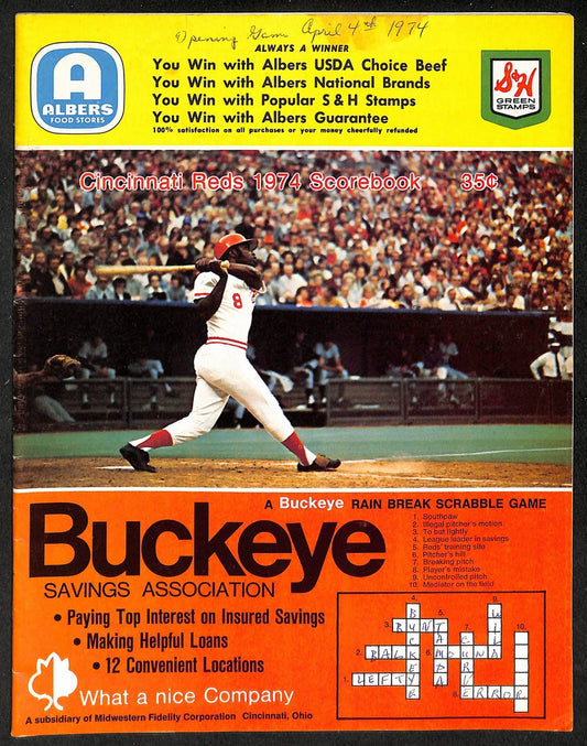 4/4/1974 Cincinnati vs. Atlanta MLB Game Program Scored Aaron ties Ruth 714 HRs