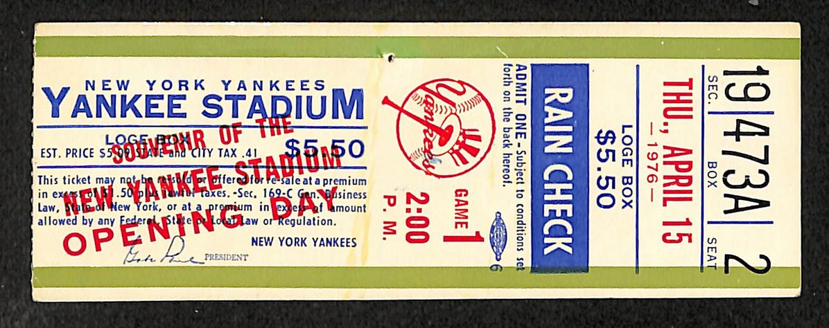 April 15th 1976 New York Yankees New Yankee Stadium Opening Day Ticket Stub 0856