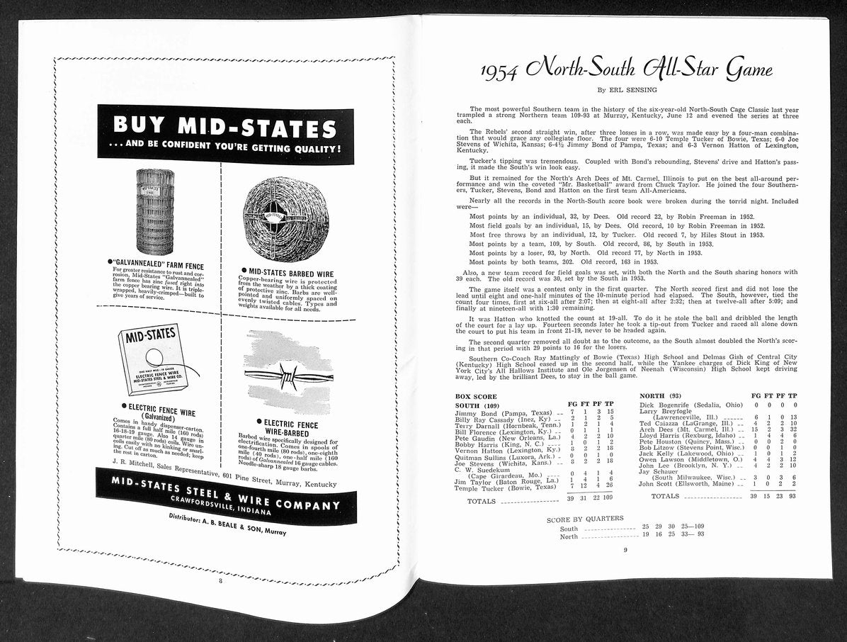 1955 North/South Basketball Cage Classic Program Rare 210908