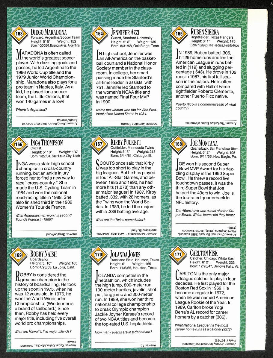 1990 Sports Illustrated for Kids Magazine w/ 9 Card Uncut Sheet  Maradona 211276