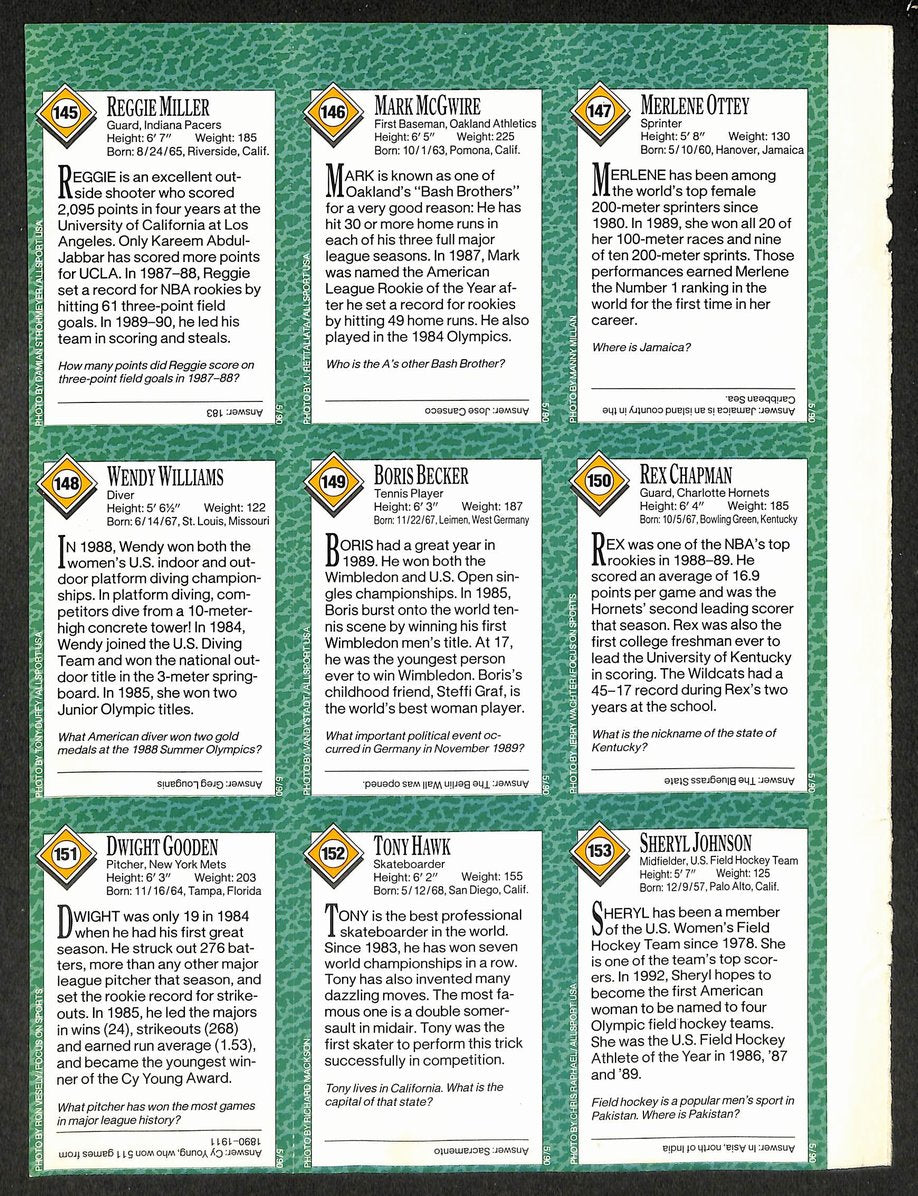 1990 Sports Illustrated for Kids 9 Card Uncut Sheet Tony Hawk/Becker 211274