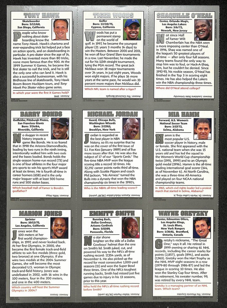 2004 Sports Illustrated Kids 15th Anniv 9 Card Uncut Sheet Jordan/Tiger 211272