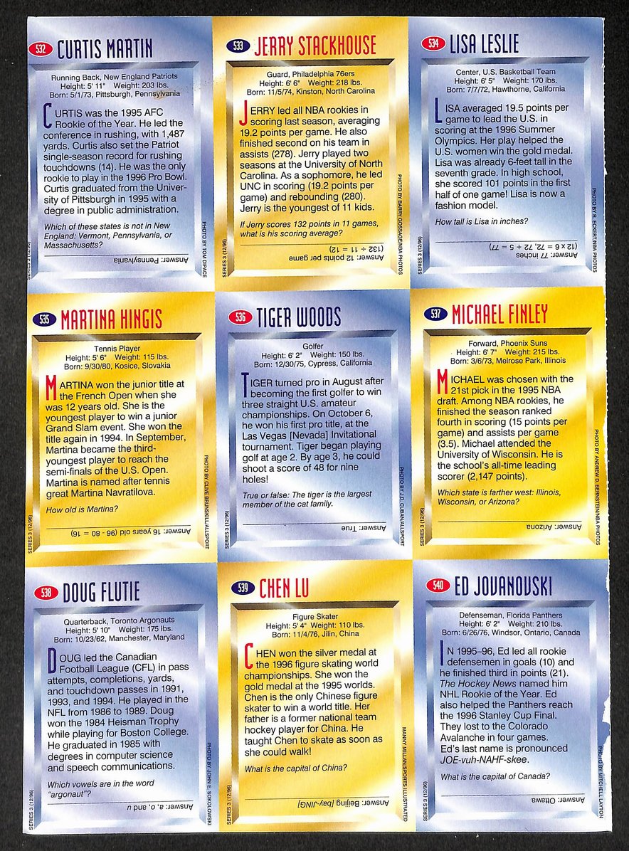 1996 Sports Illustrated For Kids 9 Card Uncut Sheet Tiger Woods RC 211271