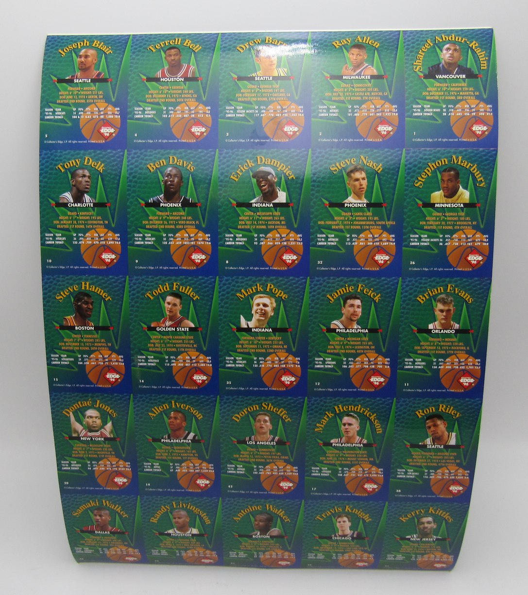 1996 Collectors Edge w/ 25 Card Uncut Sheet Iverson/Nash/Allen/Marbury RC 208117