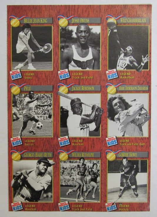 1990 Sports Illustrated for Kids 9 Card Uncut Sheet Wilt, Ruth, Pele 210982