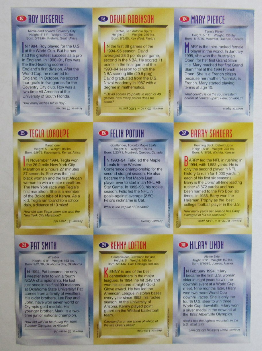 1995 Sports Illustrated for Kids 9 card Uncut Sheet  Sanders/Robinson 210984