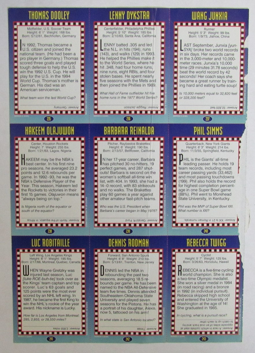 1994 Sports Illustrated for Kids 9 card Uncut Sheet Olajuwon/Rodman 210986
