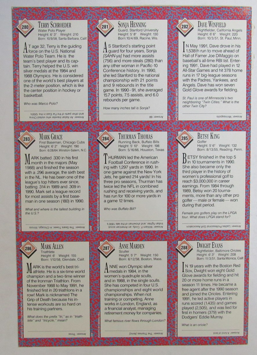 1991 Sports Illustrated for Kids 9 card Uncut Sheet Thurman Thomas  210987