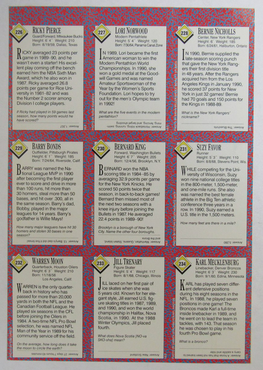 1991 Sports Illustrated for Kids 9 card Uncut Sheet Bonds/Moon/ King 210988