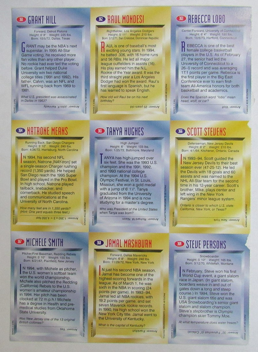 Sports Illustrated for Kids 9 card Uncut Sheet Grant Hill, Rebecca Lobo 210989
