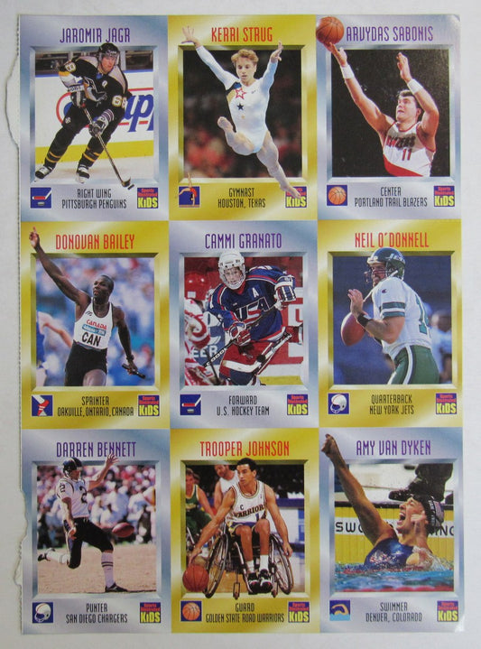1996 Sports Illustrated for Kids 9 card Uncut Sheet Jagr, Strug, Bailey 210992