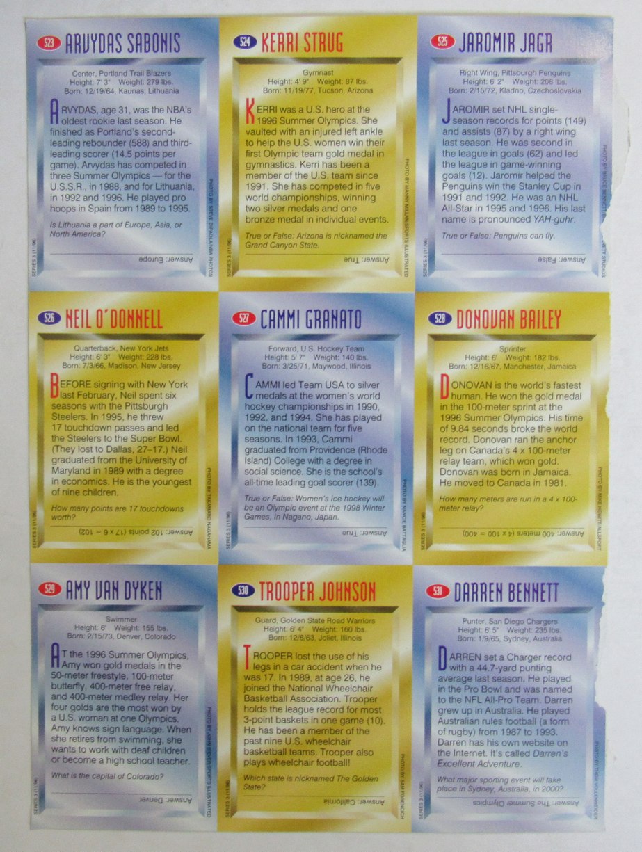 1996 Sports Illustrated for Kids 9 card Uncut Sheet Jagr, Strug, Bailey 210992